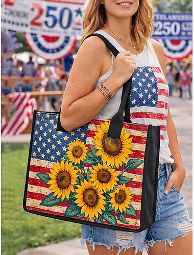  Bolso tote de poliéster para mujer con gran capacidad y bolsillo con cremallera, diseño patriótico de girasol y bandera estadounidense, perfecto para el 250 aniversario, el Día de la Independencia y el uso diario informal.