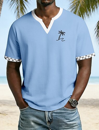  חולצת טי לגברים עם שרוולים קצרים, סריג וופל בצבע תכלת, עם צווארון V, גרפי וגימור משובץ, קז'ואל, חופשת קיץ, בגדי מעצבים, ביגוד, S M L XL XXL XXL