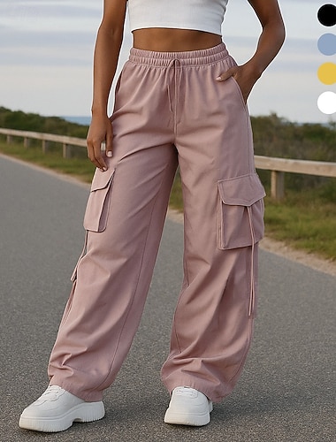  Mulheres Calças de perna larga Calça Cargo Calças de corrida Com Cordão Bolsos Cintura Alta Calças Ginásio Roupa Esportiva Dar certo Primavera Outono Respirável Treino de Ginástica Exterior Corrida