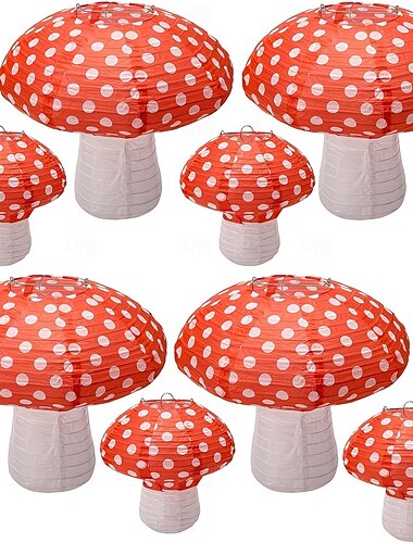  Conjunto de 8 lanternas de papel em formato de cogumelo, lanternas para pendurar. &Arranjos de mesa em formato de cogumelo para festas temáticas de selva, batizados, &decoração de jardim
