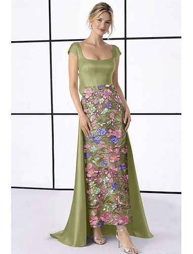  Linha A Tubinho Longo Vestido de baile com capa Vestidos de cocktail Elegante Vintage Floral Manga Curta Colarinho de Camisa Festa de Jardim Casamento Cetim Renda Costas Degagê com Flor bordada