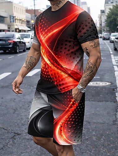  Herre Geometrisk 2stk T-skjorter sett Sommertopper Kortermet Korte bukser Crew-hals Fritid hverdag Daglig Feriereise Sport 3D-utskrift Sommer Blå Rød Grå