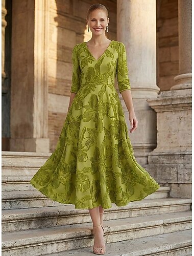  A-Linie Knöchellänge Tee-Länge Abendkleid Cocktailkleider Elegant Dreiviertelarm V Ausschnitt Hochzeit Formell Satin Jacquard mit Quaste