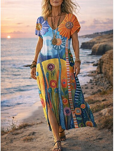  Γυναικεία Μακρύ φόρεμα Φόρεμα Boho Καθημερινό φόρεμα Φόρεμα σε γραμμή Α Φόρεμα εκτύπωσης Βίντατζ ΕΞΩΤΕΡΙΚΟΥ ΧΩΡΟΥ Παραλία Διακοπές Κανονικό Φλοράλ Γραφική Κοντομάνικο Λαιμόκοψη V Θαλασσί