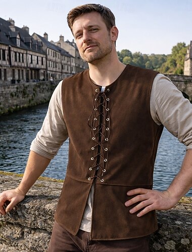  Medieval Renacimiento siglo 17 Chaleco Chaleco de ante Pirata Vikingo Bárbaro Correa Disfraz Hombre Vikingo Pirata Víspera de Todos los Santos Carnaval Mascarada Rendimiento LARP Feria Ren Adulto