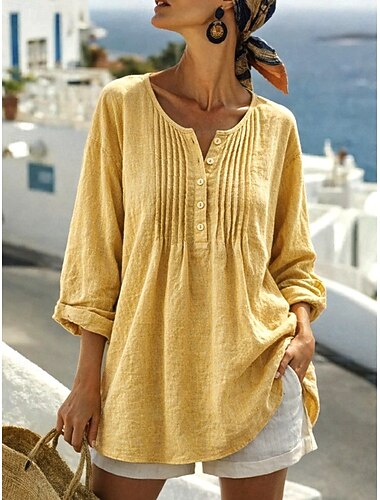  Damen Baumwoll-Leinen-Hemden Bluse Einfarbig Täglich Stilvoll Basic Langarm Rundhalsausschnitt Normale Oberteile Täglich Schwarz Weiß Gelb Rosa Marineblau Sommer Frühling Herbst