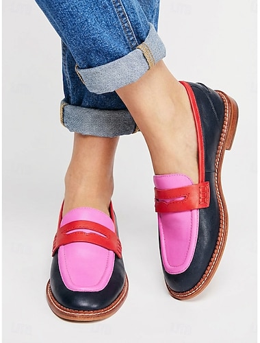  Damen Farbblock Penny Loafers - Stylische blaue pinke und rote Echtleder Flats für den Alltag im Büro lässige Campuskleidung  schicke Streetstyle