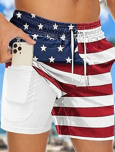  Herren 250. Jahrestag des Unabhängigkeitstages der USA am 4. Juli US Flagge Gefütterte Shorts 2 in 1 Badeshorts Badeshorts Mittlere Taille Patriotisch Ferien Seitentaschen Mit Kompressionsfutter