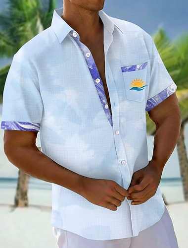  Voor heren Zon Overgangskleur Abstracte kunst Overhemd Hawaiiaanse shirts Aloha-shirt Korte mouw Hawaii Vakantie Feestdagen Zomer Strijkijzer 3D-afdrukken Voorste zak Linnenachtig shirt blauw Geel