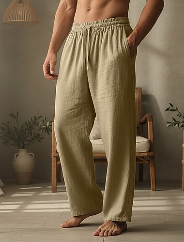  Herren Leinenhosen Hose Sommerhose Kordelzug Elastischer Bund Gerader Schnitt Einfach Komfort Atmungsaktiv Volle Länge Lässig Täglich Ferien Urlaub Mode Schwarz Weiß Unelastisch