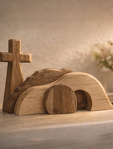  Das hölzerne Auferstehungskreuz und die hölzerne Szene des leeren Grabes, die die Auferstehung Jesu darstellt, eignen sich für die Dekoration von Wohnräumen und Büros, ein christliches Geschenk
