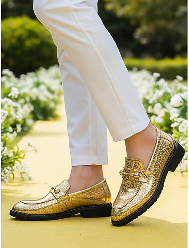  Gouden loafers voor heren – trouw- en feestschoenen, elegante instappers van imitatieleer, geschikt voor formele gelegenheden, comfortabele geklede schoenen