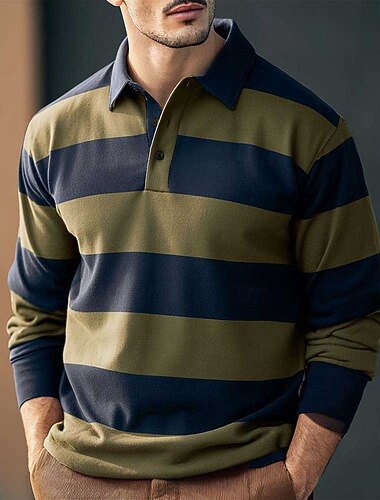  Per uomo Strisce orizzontali Polo da rugby Manica Lunga Magliette polo Camicie con Colletto Casual All'aperto Scuola Athleisure Stampa 3D Primavera Autunno Inverno Marrone Verde Verde militare