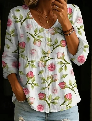  Damen Bluse Knöpfe Druck Blumen Elegant Urlaub Stilvoll Langarm Rundhalsausschnitt Normale Oberteile Täglich Blau Weiß Rosa Purpur Grün Sommer Frühling Herbst