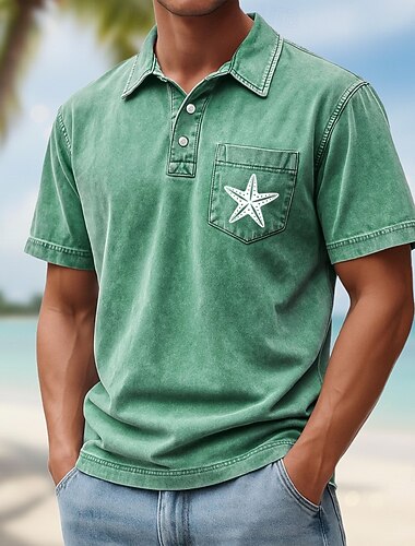  Voor heren Grafisch Acid Wash-shirt 100% Katoen Korte mouw Poloshirt Revers Hawaii Casual Sportkleding Vakantiekleding Zak 3D-afdrukken Knop Lente zomer blauw Bruin Groen