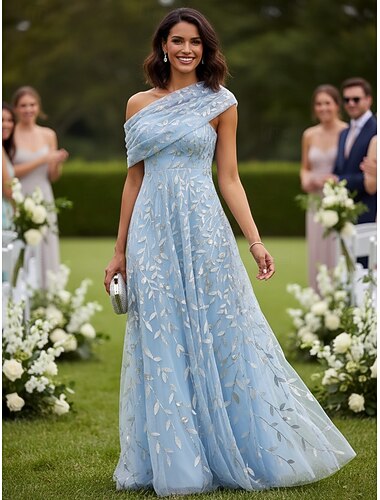  С пышной юбкой А-силуэт В пол Платье для матери невесты Без рукавов На одно плечо Элегантный стиль Официальные Свадебный гость Торжественное мероприятие Тюль с Плиссировка Рюши Вышивка