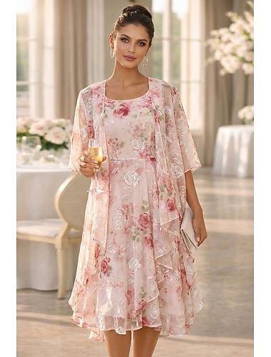  Deux Pièces Ligne A Longueur thé Robe d'invité de mariage Ample Robe de Mère de Mariée  Demi Manches Col Rond Élégant Simple Occasionnel Formel robe demoiselle d honneur Fête Chiffon Echarpe incluse