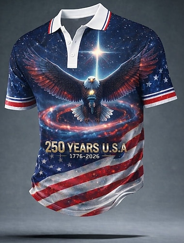  4 juillet 2026, 250e anniversaire Homme Drapeau Américain Polo Manche Courte Polos Revers Occasionnel Athleisure Tenue quotidienne Tenue de fête Impression 3D Boutons Printemps & Été Bleu Rouge Gris