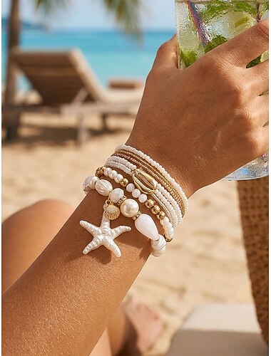  Conjunto de pulseras bohemias multicapa para mujer, materiales de aleación y resina, dijes de estrellas de mar y conchas, vacaciones en la playa y uso casual diario.