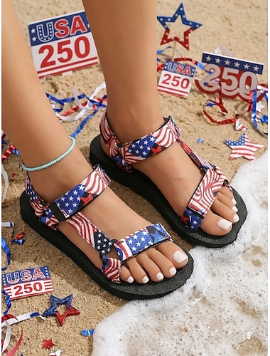  Damesandaler i svart/rød med USA-motiv for 250-årsjubileum – komfortable patriotiske sandaler med stropper og stjerner og striper for strand, parader og 4. juli-feiringer