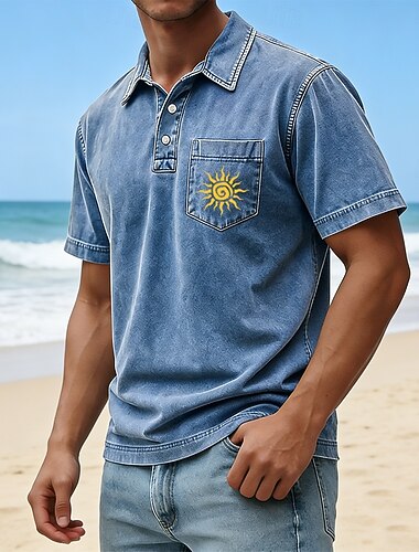  Voor heren Zon Acid Wash-shirt 100% Katoen Korte mouw Poloshirt Revers Hawaii Casual Sportkleding Vakantiekleding Zak 3D-afdrukken Knop Lente zomer blauw Rood Groen