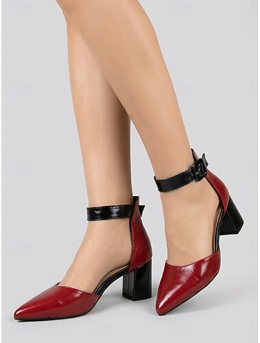  Chique gele en zwarte pumps met kleurblokken voor dames - comfortabele pumps met spitse neus en blokhak, voorzien van een enkelbandje, perfect voor dagelijks gebruik op kantoor of in een zakelijke