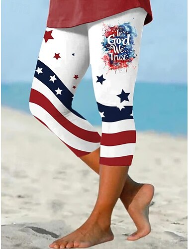  Mulheres Calças Capri Leggings Férias Havaiana à moda Capris Cintura MédiaPantsDia da Independência Americana Gráfico Bandeiras Imprimir Conforto Com Stretch Diário Ao ar livre Férias Branco Verão