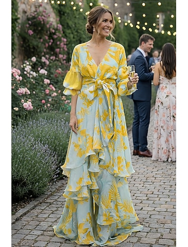  A-Linie Floral Kleid Strandhochzeit Sommer Maxi Kleider für Frauen Urlaub Lässiges Kleid Bodenlang Lange Ärmel V-Ausschnitt mit Druck Trägerkleid um zu beeindrucken Hochzeitsgast Kleid