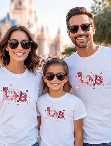  Famiglia Maglietta Cuore Grafico Casuale Stampato Nero Bianco Rosa Manica Corta Attivo Abiti coordinati