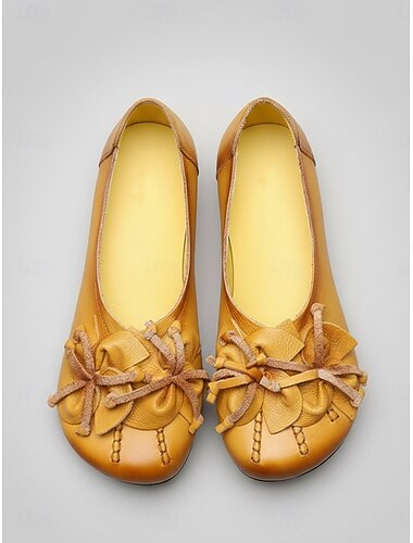  Women's Yellow Handcrafted Leather Wide-fit Loafers – Comfortable Flat Shoes with Floral Design for Casual and Daily Wear