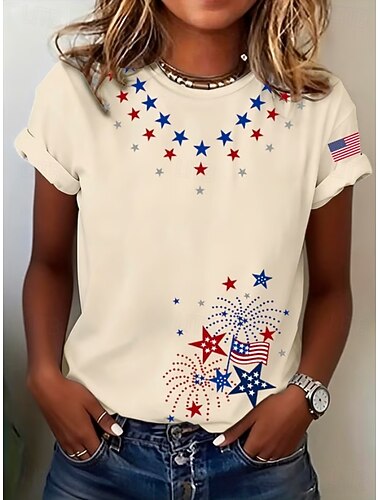  Amerikansk uafhængighedsdag Dame T-shirt Trykt mønster Grafisk Bogstaver Amerikansk flag Stilfuld Klassisk Afslappet Kortærmet Rund hals Almindelige toppe Daglig Blå Lys beige Sort Hvid Lyserød