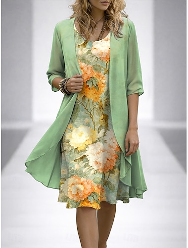  Damen Kleid-Set A Linie Kleid Elegant Urlaub Blumen Grafik Geschichtet Druck Minikleid Halbarm Rundhalsausschnitt Täglich Blau Purpur Grün Sommer Frühling Normale Passform