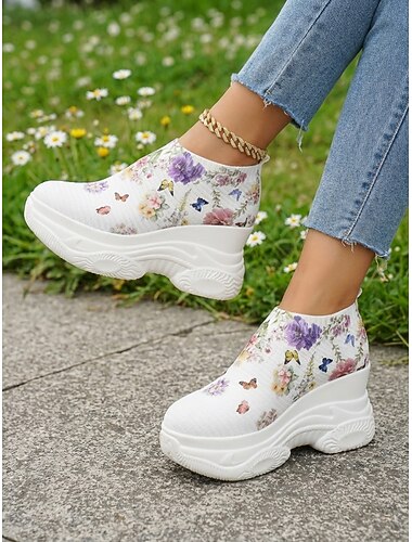  floreale bianco da donna &scarpe da ginnastica con plateau Flyknit e stampa a farfalla, scarpe casual slip-on con suola spessa per camminare, viaggi e passeggiate all'aperto &abbigliamento quotidiano