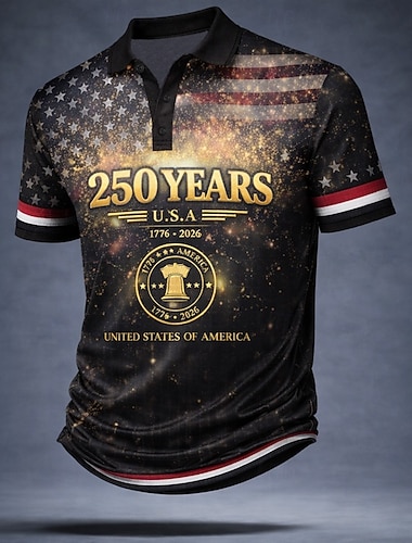  4. července 2026 250. Pánské Americká americká vlajka Polokošile Krátký rukáv Polo tričko Klopa Na běžné nošení Obchod Oblečení na atletiku 3D tisk Knoflíky Jaro léto Rubínově červená Trávová zelen