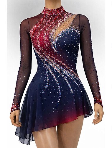  שמלה להחלקה אמנותית בגדי ריקוד נשים החלקה על הקרח שמלות נייבי טלאים פתוח בגב סטרצ'י (נמתח) גמישות גבוהה הדרכה תחרות ביגוד להחלקה על הקרח קלאסי קריסטלים / אבנים נוצצות שרוול ארוך
