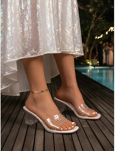  סנדלי שוליים שקופים לנשים עם ריינסטון - עקבים שקופים ואלגנטיים עם בוהן מרובעת לאירועי ערב, מסיבות נופש ונופש &אירועים רשמיים בקיץ