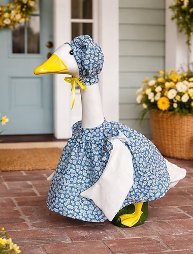  Roupa de ganso azul floral com touca, estampa de margaridas, para estátua de ganso de concreto de 58 a 63 cm (23 a 25 polegadas), acessórios de decoração para jardim na primavera e verão, somente a