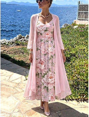  Damen Kleid-Set A Linie Kleid Elegant Urlaub Blumen Grafik Geschichtet Druck Midikleid Dreiviertelarm V Ausschnitt Täglich Urlaub Blau Hellgrün Rosa Sommer Frühling Normale Passform