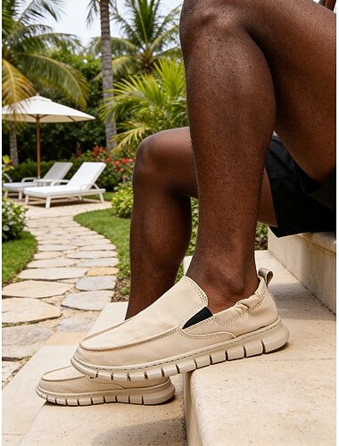  Beige instappers voor heren, ademend en lichtgewicht, perfecte outdoorschoenen voor op reis, vakantie en vrijetijdsactiviteiten.