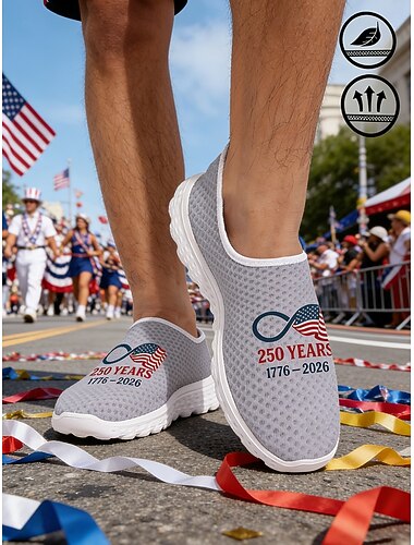  Graue Herren-Sneaker zum Hineinschlüpfen mit 250-Jahre-Grafik – leichte, atmungsaktive Laufschuhe mit amerikanischem Flaggenmotiv für Freizeit, Feiertage, Reisen und Outdoor-Aktivitäten