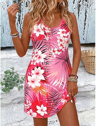  Damen Knielanges Kleid Sommerkleid A Linie Kleid Urlaub Lässig Boho Strand Party Hochzeit Normale Passform Blumen Grafik Ärmellos U-Ausschnitt Blau Gelb Rosa Purpur Sommer Frühling