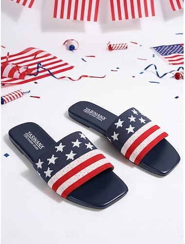  Dames platte slippers ter ere van het 250-jarig jubileum van de VS - patriottische instapschoenen met sterren en strepen voor de Onafhankelijkheidsdagparades van 2026, zomerfestivals en buitenvieringen.