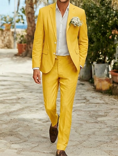  Uomo Completi in Lino Matrimonio in Spiaggia Casuale Giallo Rosso Primavera & Estate Tuta Bavero classico Moda Quotidiano Tinta unita Vestibilità su misura 2 pezzi Monopetto Due Bottoni