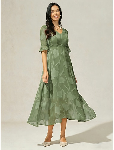  Dame Midikjole Kjole med A-linje Elegant Blomstret 3/4 ermer V-hals Skifergrønn