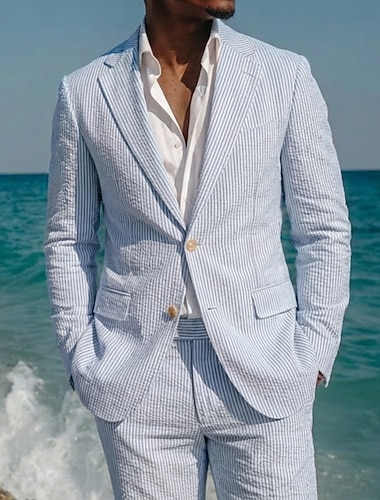  Homme Veste blazer Col cranté Mode Léger Occasionnel Rayé Blazer Blazer en seersucker Rose Claire Bleu Ciel Vert Sauge Coupe Slim à boutonnage simple à 2 boutons