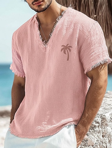  Herre liten palmetrykket t-skjorte i lin-bomullsblanding med V-hals og rå kanter, støvete rosa, sommer-strandferie-t-skjorte, frynsete, myk, motedesignertopp, s-3xl