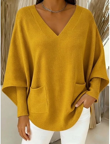  Damen Pullover Elegant Mode Lässig Einfarbig Gerippt V Ausschnitt Gestrickt Langarm Normale Oberteile Stricken Täglich Outdoor Wochenende Schwarz Weiß Herbst Winter