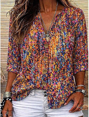  Dam Skjorta Tunika Summer Tops Knappar Grafisk Geometrisk Abstrakt Semester Dagligen Långärmad V-hals Vanliga toppar Dagligen Helgdag Utekväll Rubinrött Sommar Vår