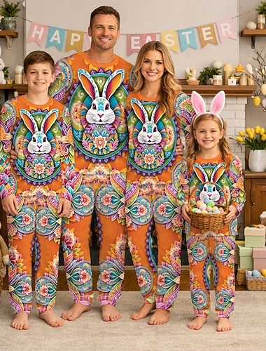  Familie Ostern Schlafanzug Grafik Hase Lässig Druck Orange Langarm Urlaub Passende Outfits