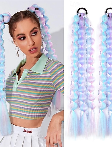  2 ks lehkých bublinkových prodloužení culíku o délce 22 palců, směs vláken, čtyři hedvábně barevné copy s gumičkou do vlasů, bláznivý den s účesem, doplňky na festivalový rave pro ženy
